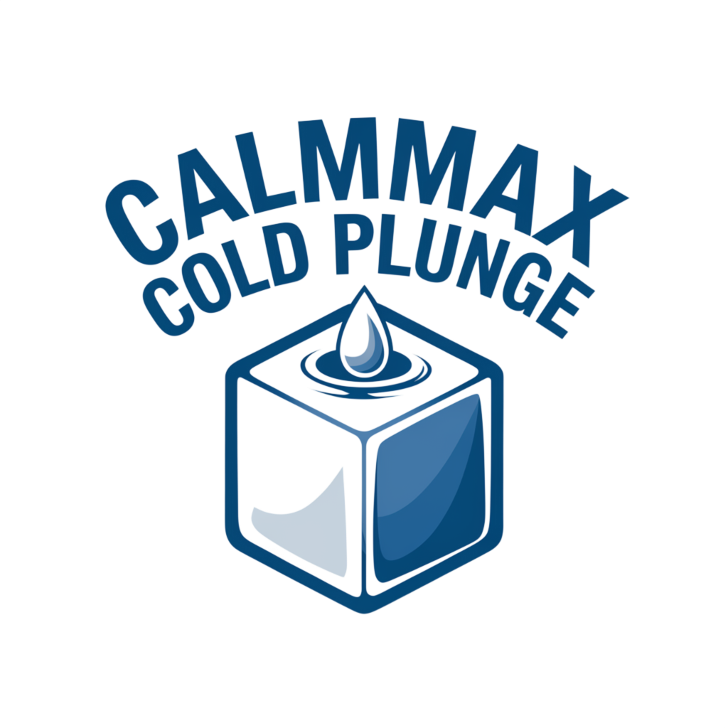 CalmMAX Cold Plunge logo in blue featuring a minimalist ice cube design with water drop