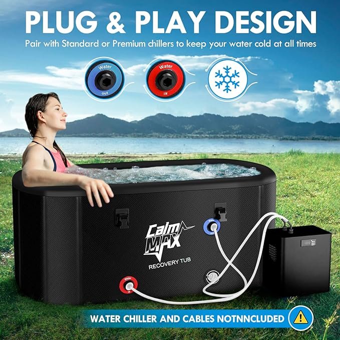 CalmMax Recovery Tub promotional image showing plug-and-play design with water chiller compatibility and person using the tub against mountain backdrop